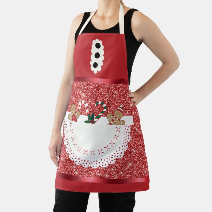 Pocket Full Of Xmas Red Glitter Metallic Mrs Claus Apron 