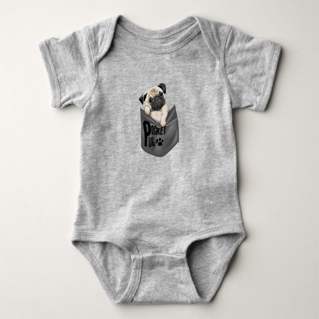 Pocket Pug Gray Baby Baby Bodysuit (Front)