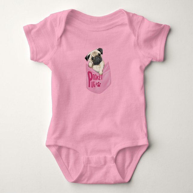 Pocket Pug Pink Baby Baby Bodysuit (Front)