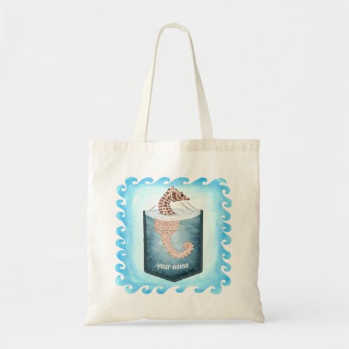 Pocket Seahorse custom name tote Bag 