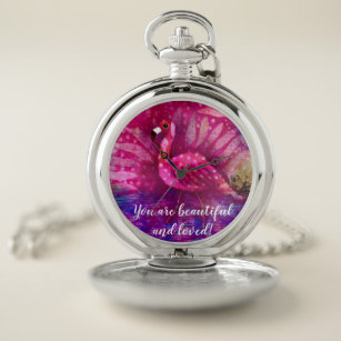 Pocket Watch You Are Beautiful and Loved Flamingo 