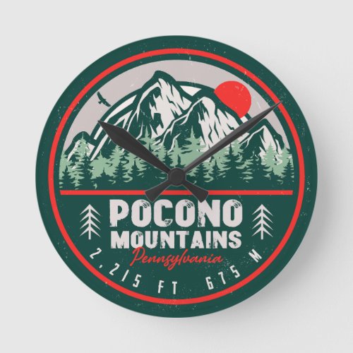 Pocono Mountains PA Retro Sunset Souvenirs Round Clock