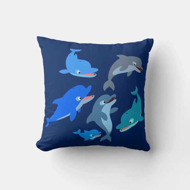 Pod of Cute Cartoon Dolphins Throw Pillow (Front)