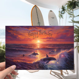 Pod of Dolphins on an Ocean Pink Sunset - Birthday Card