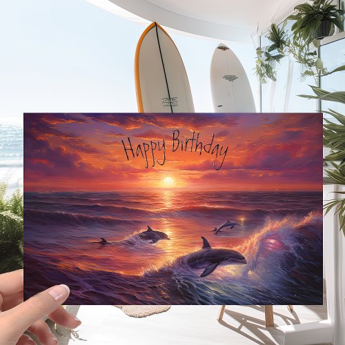 Pod of Dolphins on an Ocean Pink Sunset _ Birthday Card
