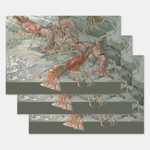 Pod of Lobsters in the Ocean, Vintage Art Nouveau Wrapping Paper Sheets