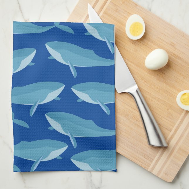 Pod of Whales Swimming Dark Blue Kitchen Towel (Quarter Fold)