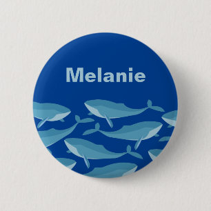 Pod of Whales Swimming Dark Blue Personalised Button