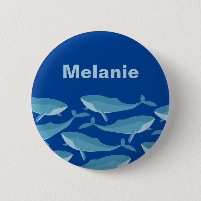 Pod of Whales Swimming Dark Blue Personalised Button (Front)