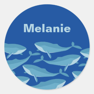 Pod of Whales Swimming Dark Blue Personalised Classic Round Sticker