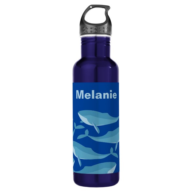 Pod of Whales Swimming Dark Blue Personalised Stainless Steel Water Bottle (Front)