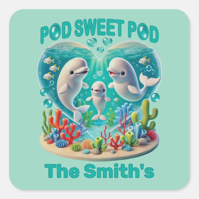 "Pod Sweet Pod" Whale Family Customizable Square Sticker (Front)
