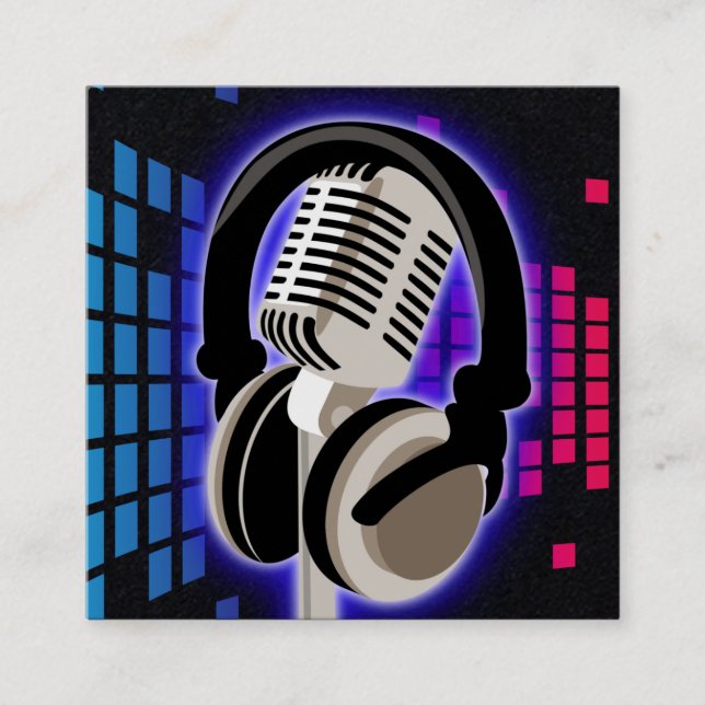 Podcast Glowing Microphone Headphones Blue Black S Square Business Card (Front)