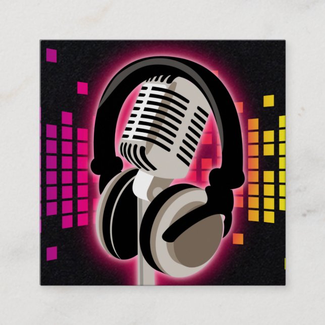 Podcast Glowing Microphone Headphones Pink Black Square Business Card (Front)