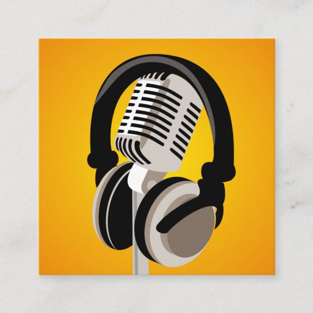 Podcast Microphone Headphones Orange Square Business Card (Front)