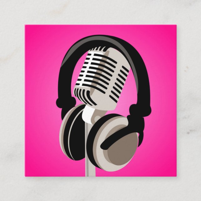 Podcast Microphone Headphones Pink Square Business Card (Front)
