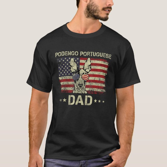 Podengo Portuguese Dad Dog  American Flag 4th Of J T-Shirt (Front)