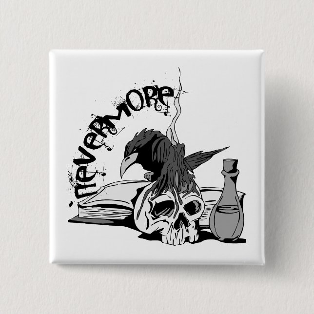 Poe Nevermore Raven Skull & Book Pinback Button (Front)