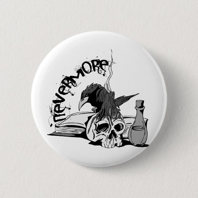 Poe Nevermore Raven Skull & Book Pinback Button (Front)