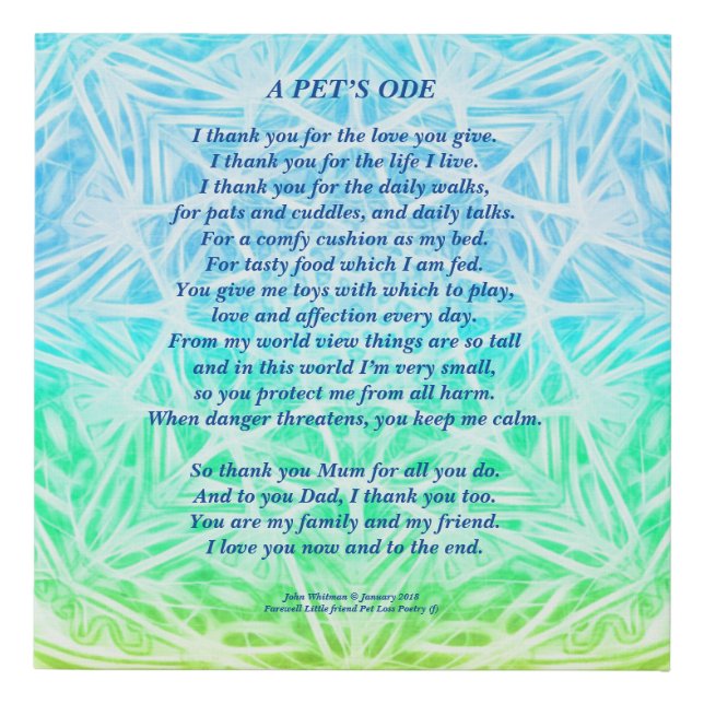 Poem A Pet's Love For Its  Owner YGB, Poster Faux Canvas Print (Front)