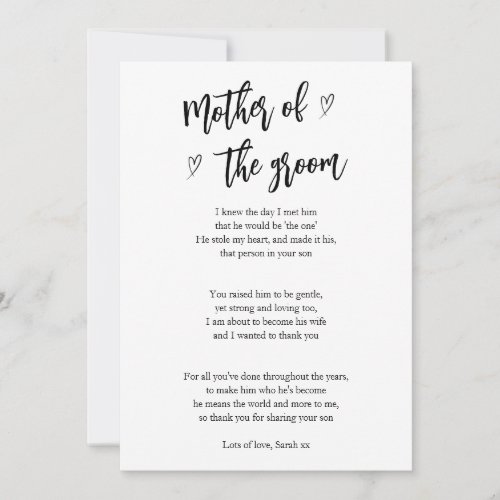 Poem Card For Mother of the groom hearts  