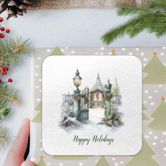 Poem Nordic Winter Green Red Snow Christmas Wreath Square Sticker