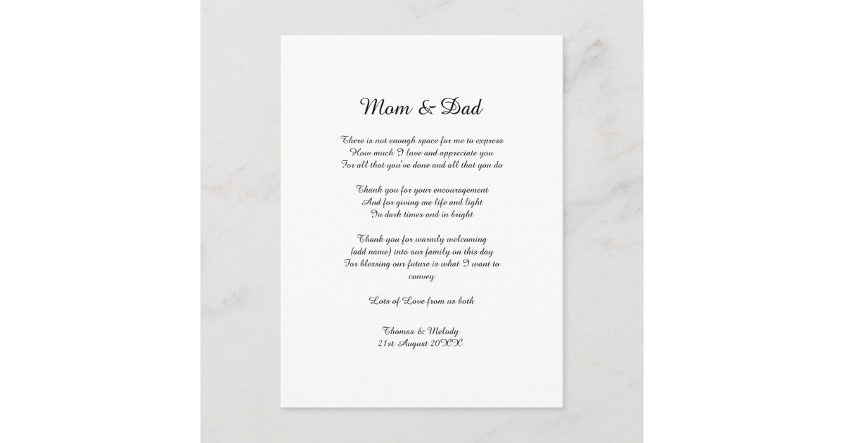 Poem Parents Bride Groom Wedding Thank You Gift Postcard Zazzle Com