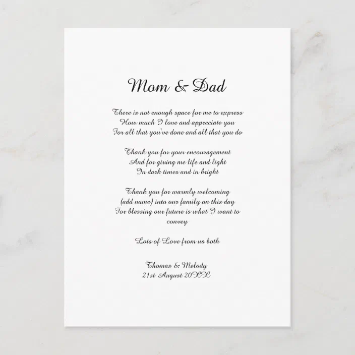Thank You Card Personalised Wedding Card Mother-Mum DAD/FATHER Of The Bride 