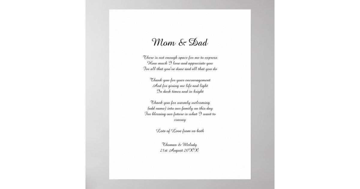 Poem Parents Bride Groom Wedding Thank You Gift Poster Zazzle Com