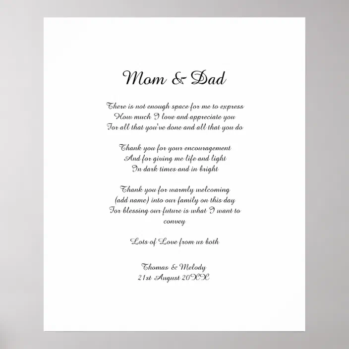 Poem Parents Bride Groom Wedding Thank You Gift Poster Zazzle Com