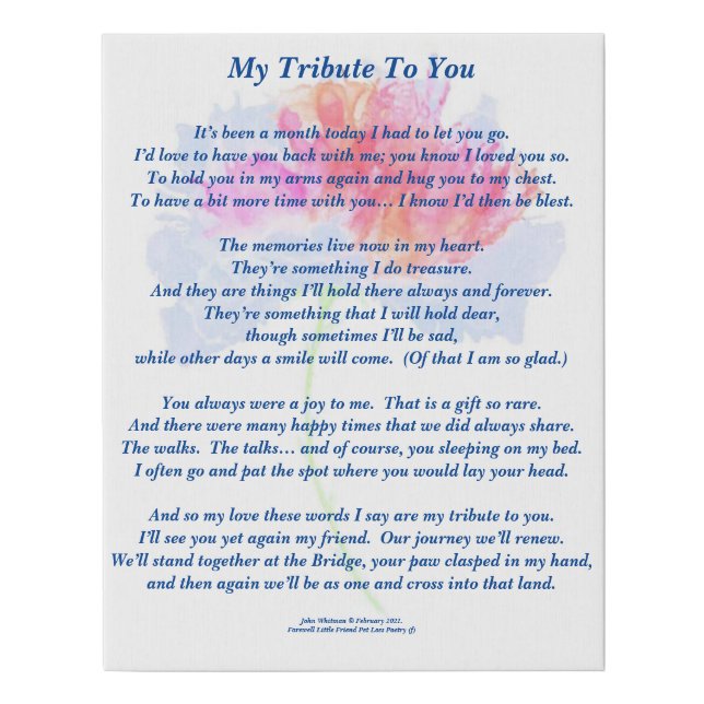 Poem: Tribute to a Deceased Pet FL Poster Faux Canvas Print (Front)