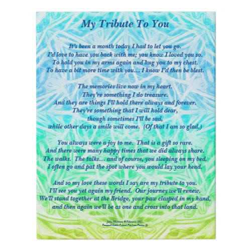 Poem Tribute to a Deceased Pet PBY Poster Faux Canvas Print