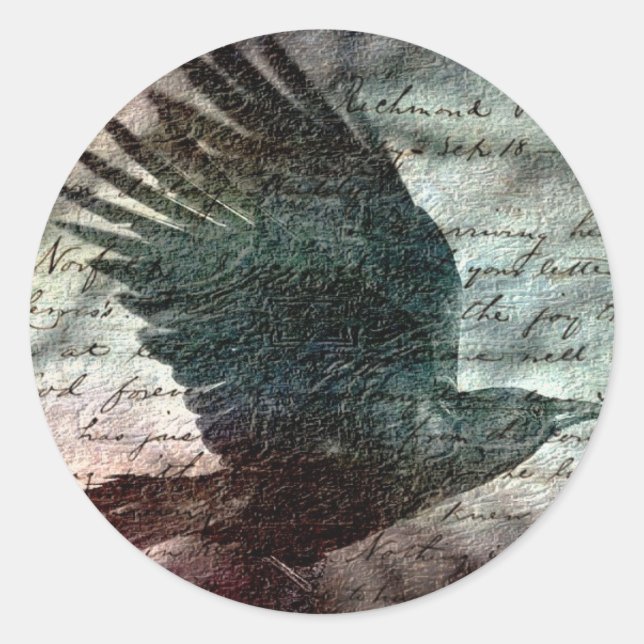 Poe's Grunge Raven With Colorful Background Classic Round Sticker (Front)