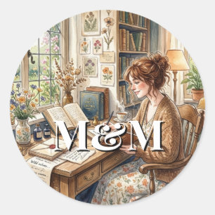 Poet Aesthetic, Monogram Watercolor Whimsical Gold Classic Round Sticker