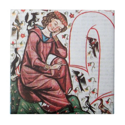 POET IN THE GARDEN OF BIRD Medieval Miniature Tile