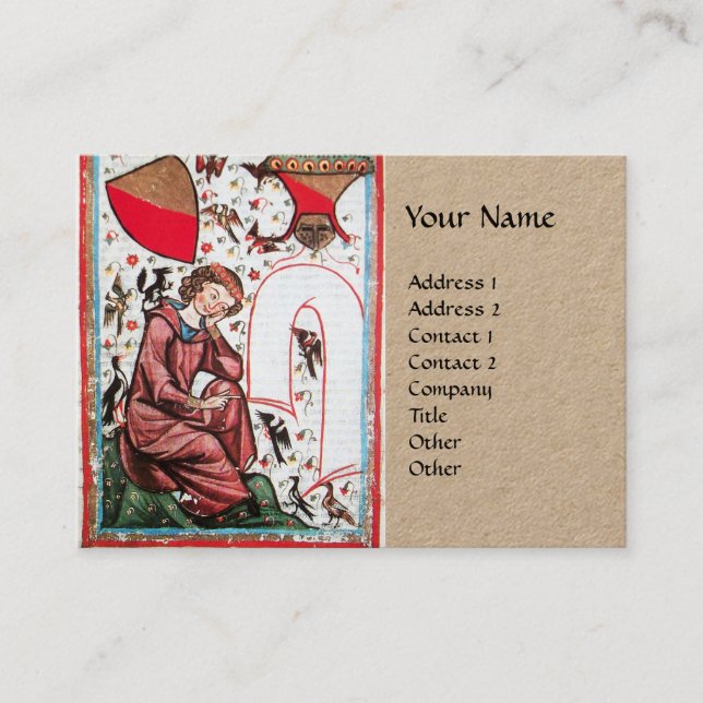 POET IN THE GARDEN OF BIRDS Medieval Kraft Paper Business Card (Front)