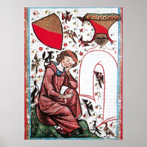 POET IN THE GARDEN OF BIRDS Medieval Miniature Poster