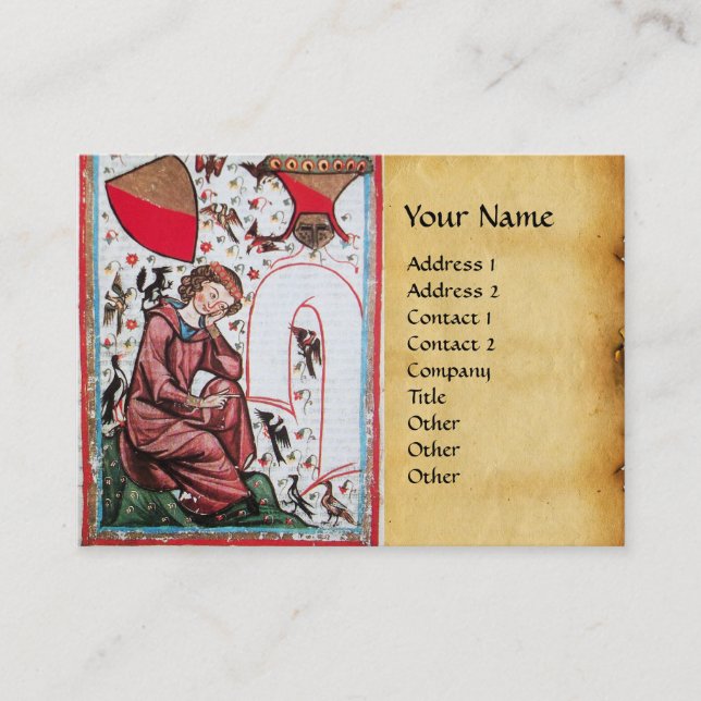 POET IN THE GARDEN OF BIRDS Medieval Parchment Business Card (Front)