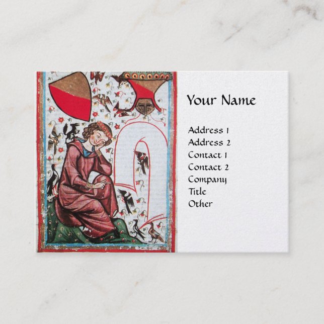 POET IN THE GARDEN OF BIRDS Medieval White Pearl Business Card (Front)