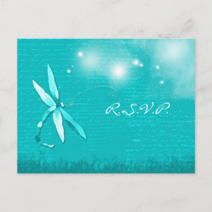 Poetic Dragonfly Turquoise Wedding RSVP Invitation Postcard