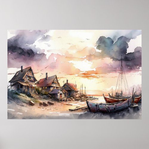 Poetic Dreamy Sunset in The Fishing Village Poster