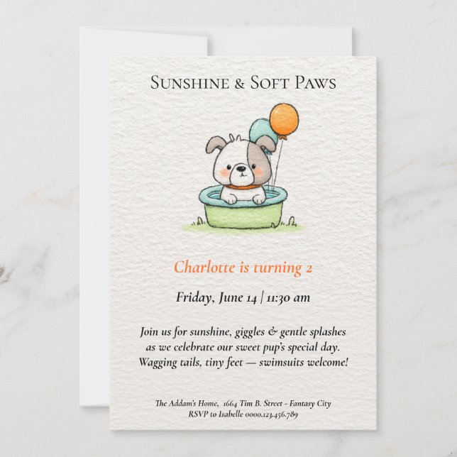 Poetic & Minimalist Puppy Pool Party Invitation (Front)
