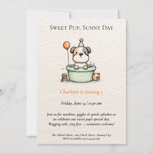 Poetic & Minimalist Puppy Pool Party Invitation (Front)