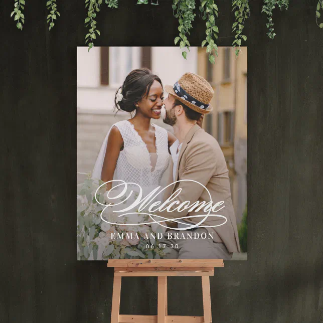 Poetic Script Elegant Photo Wedding Welcome Sign | Zazzle