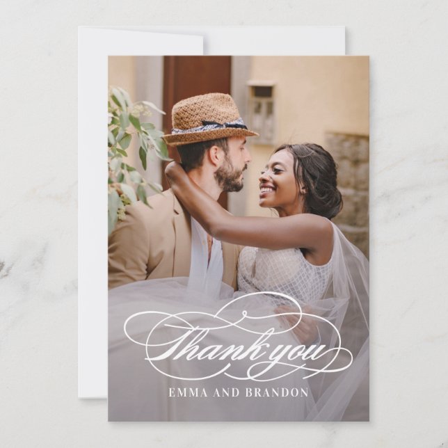 Poetic Script Photo Wedding Thank You Card (Front)