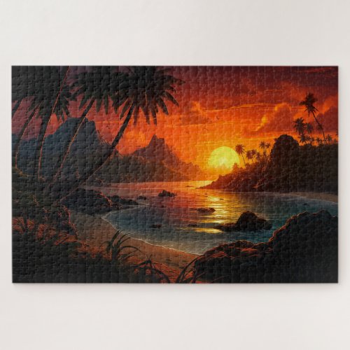 Poetic Sunset on Tropical Beach Illustration Jigsaw Puzzle