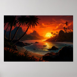Poetic Sunset on Tropical Beach Illustration Poster