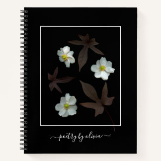 Poetry by Name White Flowers Dark Leaves Black Notebook