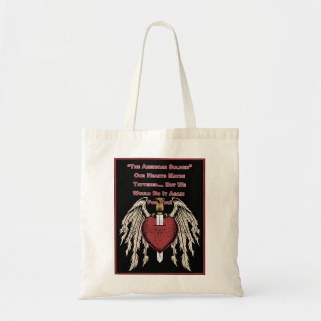 Poignant American Soldier Tattered Hearts Tote Bag (Front)