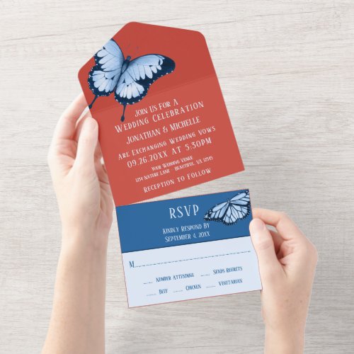 Poinciana Red and Skydiver Blue Butterfly Wedding All In One Invitation